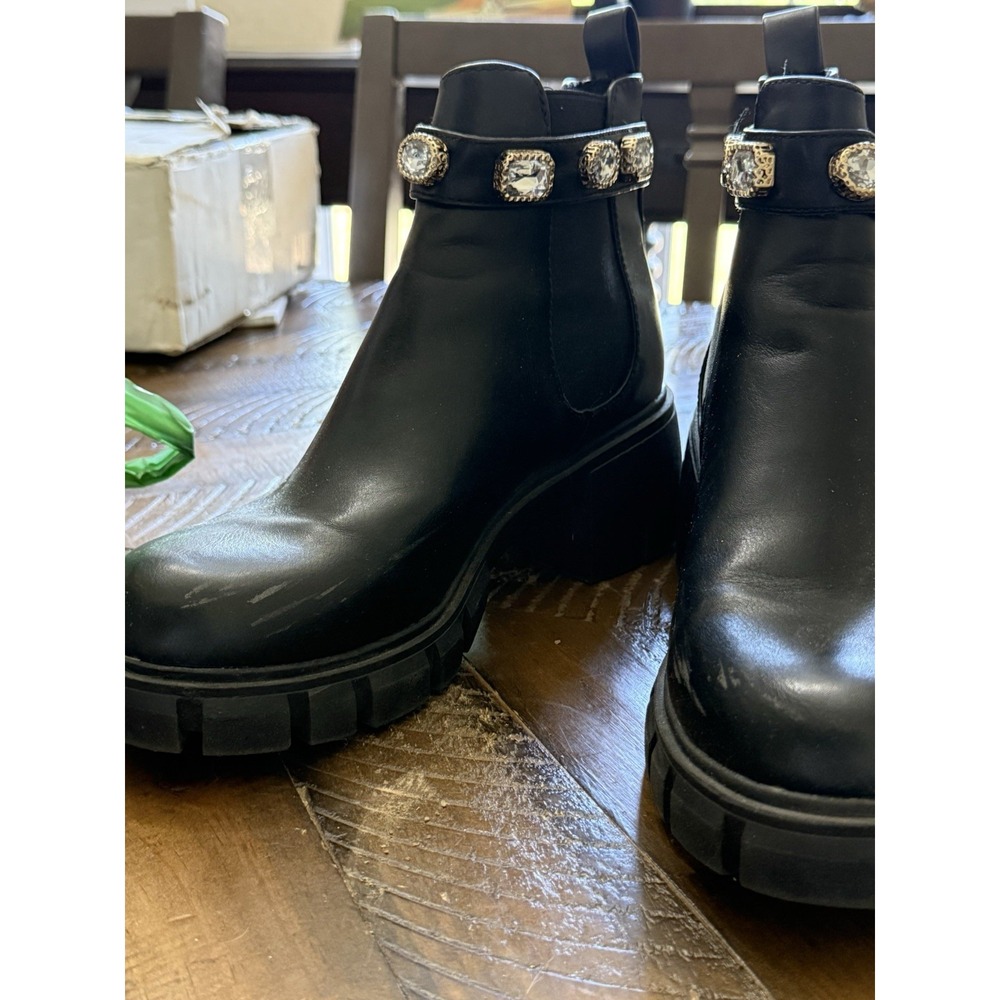 Black Chelsea Boots Embellished with Crystals Chunky Lug Sole Size 8M - Picture 5 of 10